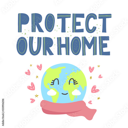 Cartoon earth day vector concept for kids. Protect our home modern paper cut lettering decorated by cute cartoon earth with scarf. Vector illustration eps 10
