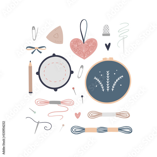 Vector collection tailor equipment, threads, needles, embroidery hoop. Sewing illustration set isolated on white background