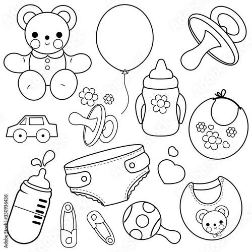 Baby objects and accessories. Vector black and white coloring page
