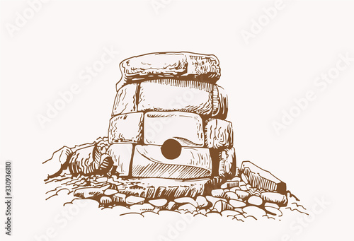 Graphical vintage sketch of dolmen, sepia background,vector illustration Krasnodar, Russia