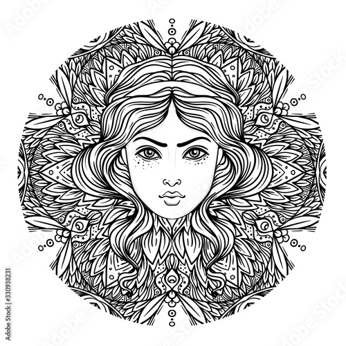 Divine goddess. Black and white girl over sacred geometry sign, isolated vector illustration. Tattoo sketch. Mystical symbol. Alchemy, occultism, spirituality, coloring book. Hand-drawn vintage.