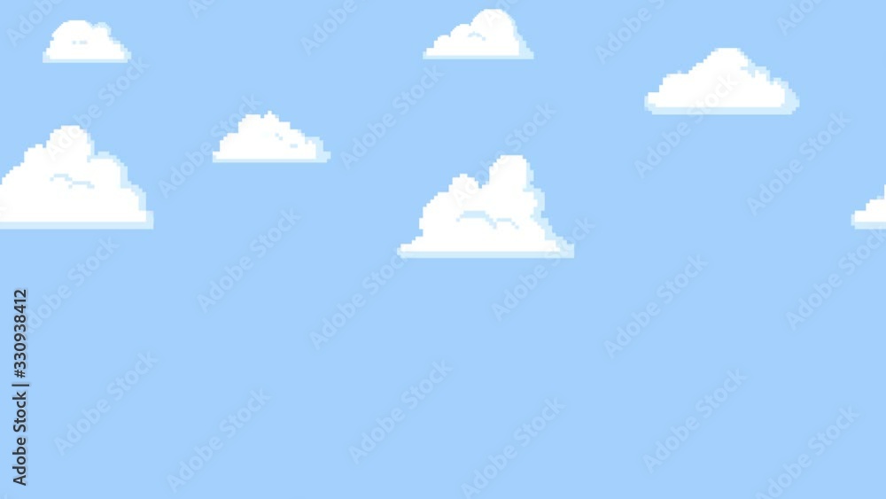 Cartoon clouds floating on the blue sky background, pixelated. Seamless looping animation.