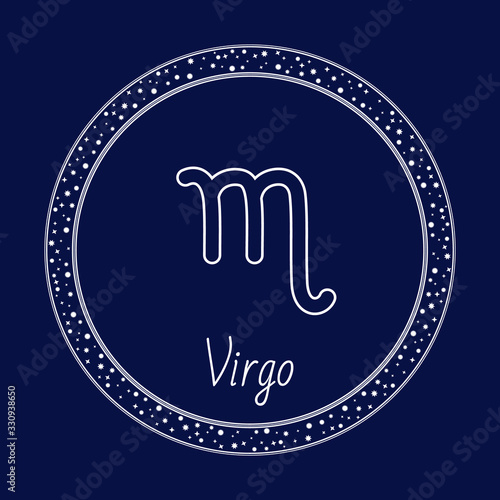 Virgo constellations of zodiac, astrology sign isolated on blue in circle with stars. Vector virgin symbol, lunar calendar sign, horoscope future prediction concept. Illustration of astrological icon