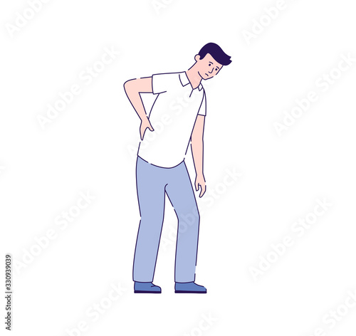 Man with back pain flat vector illustration. Orthopedics diseases. Isolated cartoon character on a white background.