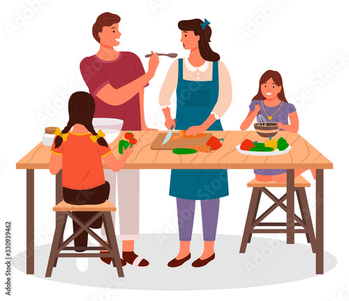 Parents and children cooking in kitchen, isolated mother and father with daughter preparing food. Mom cutting vegetables on wooden board. Family leisure or hobby pastime, healthy lifestyle vector