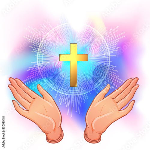Holy Cross. Open human hands showing a main symbol of Christianity. Praying or worshiping. Vector illustration of a devotion faithful christian worshiping Son of Lord (Jesus Christ). Church logo art.