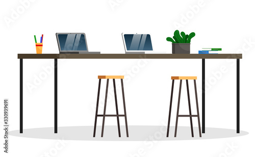 Black wooden table and high chairs, furniture for office and home. Electronic device, laptops for work and study. Cactus in pot and books on desk. Vector illustration of modern design of workplace