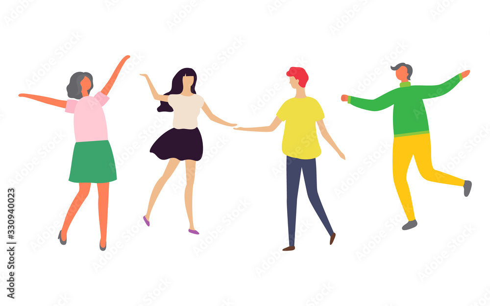 Man and woman dancing in pair, people moving together, holding each other, female rising hands, character on dance floor, full length view of dancer vector Man and woman dancing in pair, people moving together, holding each other, female rising hands, character on dance floor, full length view of dancer vector