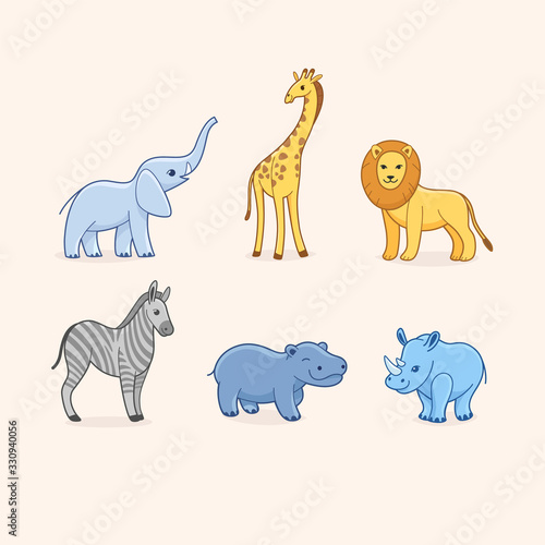 Cartoon animals of Africa. Set of animal characters - elephant  giraffe  lion  zebra  hippo  rhinoceros. 