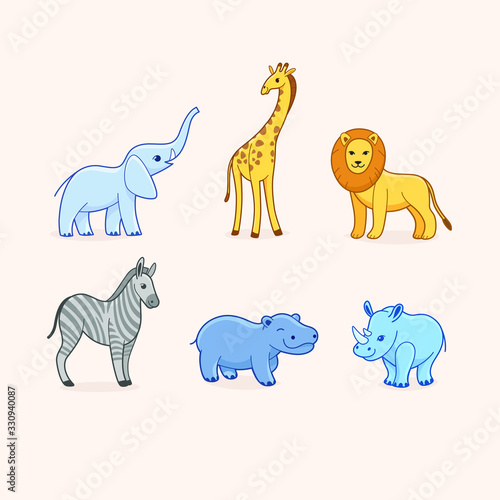 Cartoon animals of Africa. Set of animal characters - elephant  giraffe  lion  zebra  hippo  rhinoceros. 