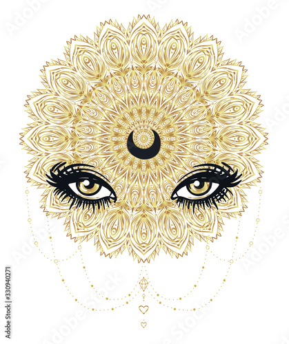 Vector ornamental Lotus flower, all-seeing eye, patterned Indian paisley. Han...