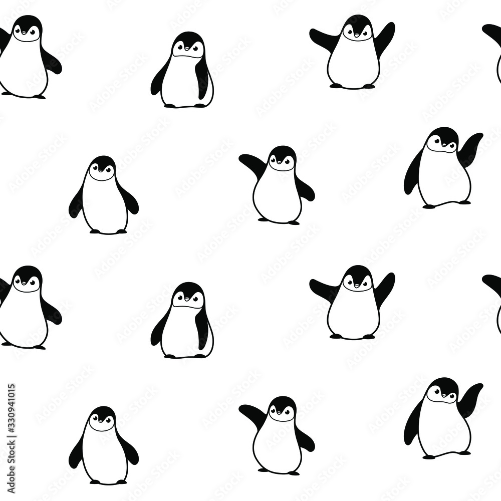 Obraz premium Cartoon happy character - simple trendy seamless pattern with penguin. Flat vector illustration.