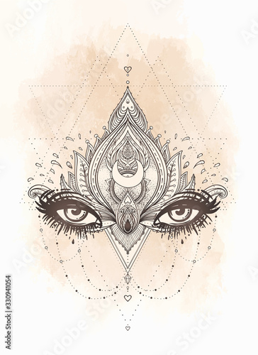 Vector ornamental Lotus flower, all-seeing eye, patterned Indian paisley. Han...