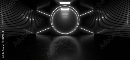 Fototapeta Naklejka Na Ścianę i Meble -  Dark tunnel with bright white neon lights on a black background. 3d rendering image.
