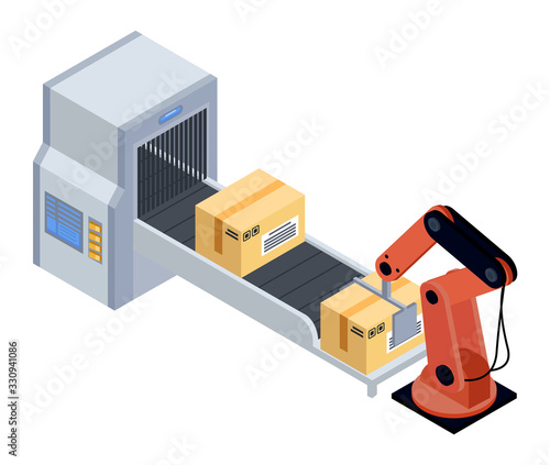 Robotic machine packing products, automated production and delivery. Smart mechanism packaging devices from conveyor in cardboard boxes. Vector illustration of automation and shipment in flat style