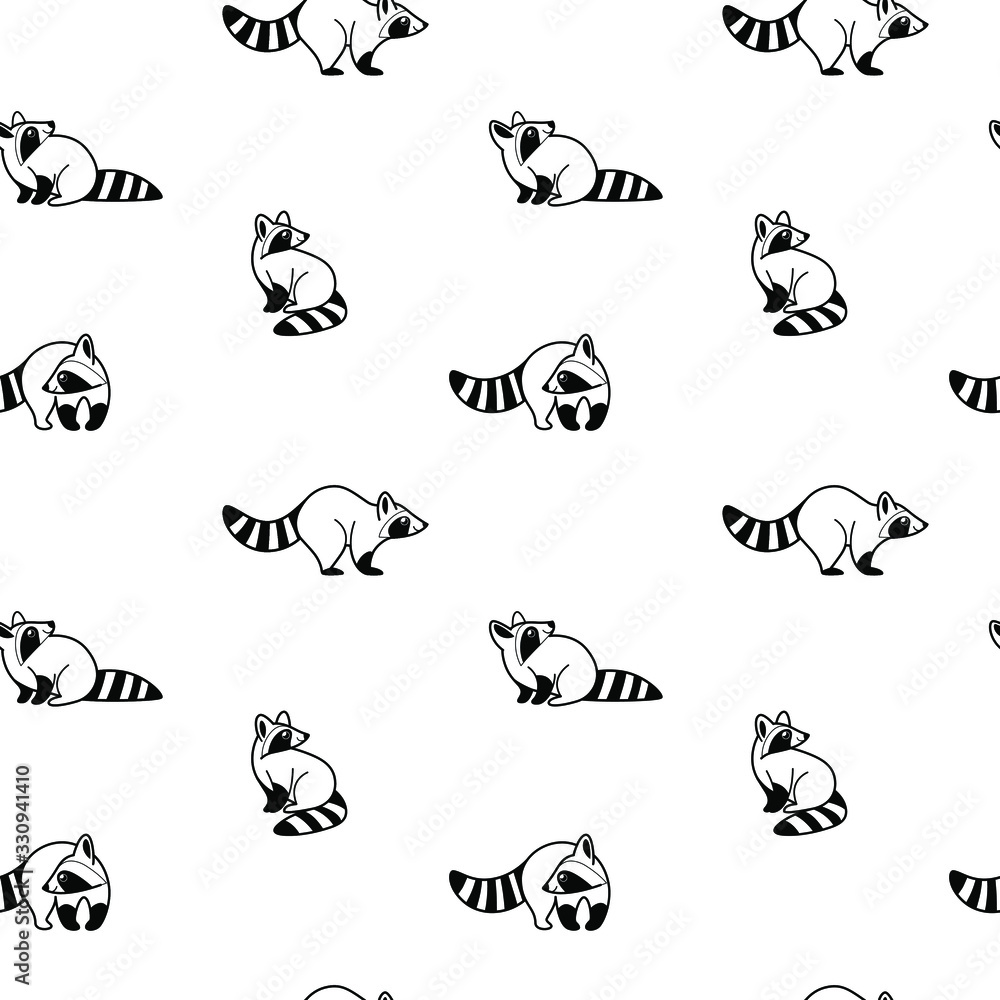 Cartoon happy character - simple trendy  seamless pattern with raccoon. Flat vector illustration.