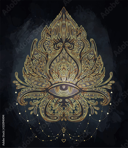 Vector ornamental Lotus flower, all-seeing eye, patterned Indian paisley. Hand drawn illustration. Invitation element. Tattoo, astrology, alchemy, boho and magic symbol. Golden gradient over black.