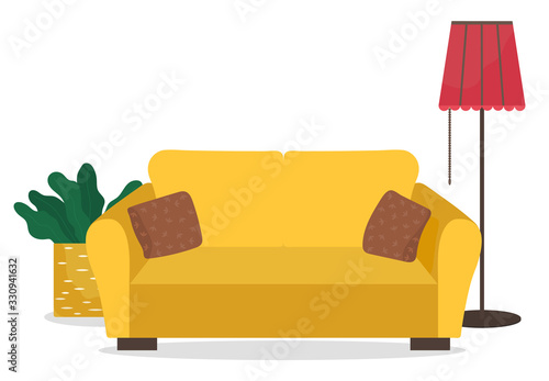 Furniture and decor for interior design. Isolated comfortable sofa with small pillows, decorative cushions. Plant in pot with leaves and lamp. Minimalist style of home. Lounge or room vector