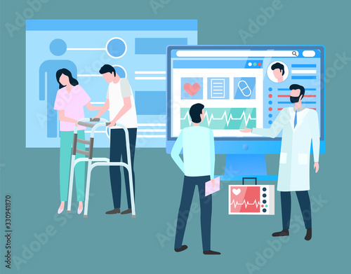 Clinic provides medical services in rehabilitation program. Woman, nurse and help people with disability or injury. Doctor talk with patient about treatment. Vector illustration of physio therapy