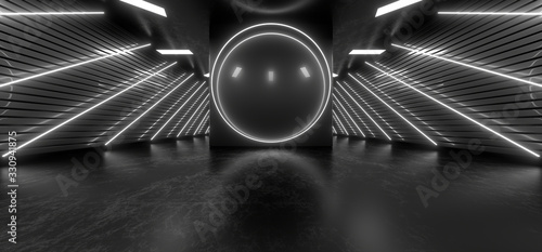 Fototapeta Naklejka Na Ścianę i Meble -  Dark tunnel with bright white neon lights on a black background. 3d rendering image.