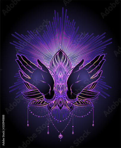 Vector ornamental Lotus flower and praying hands, patterned Indian paisley. Inticate illustration. Invitation element. Tattoo, astrology, alchemy, boho and magic symbol. Coloring book for adults..