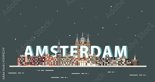 Amsterdam cityscape at night colorful poster. Vector illustration