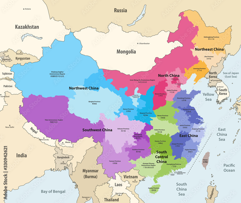 vector map of China provinces (chinese names gives in parentheses) colored by regions with neighbouring countries and territories