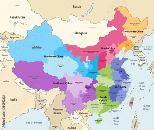 vector map of China provinces (chinese names gives in parentheses) colored by regions with neighbouring countries and territories