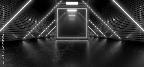 Dark tunnel with bright white neon lights on a black background. 3d rendering image.