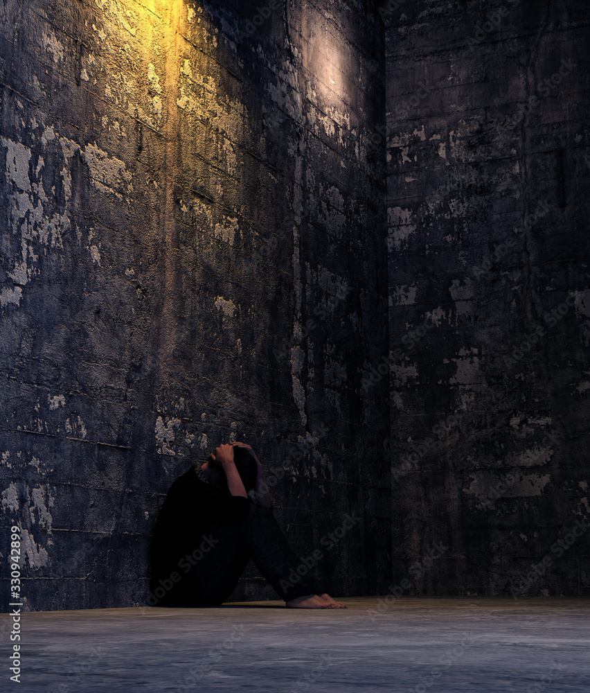 Loneliness man sitting in the dark room,3d rendering