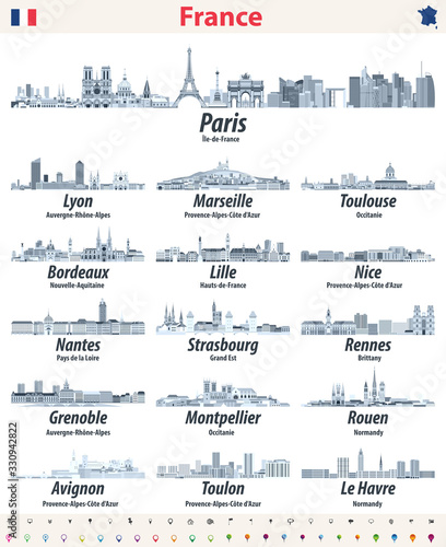 France cities skylines isolated icons in soft blue color palette. Navigation and location signs set. Vector 
