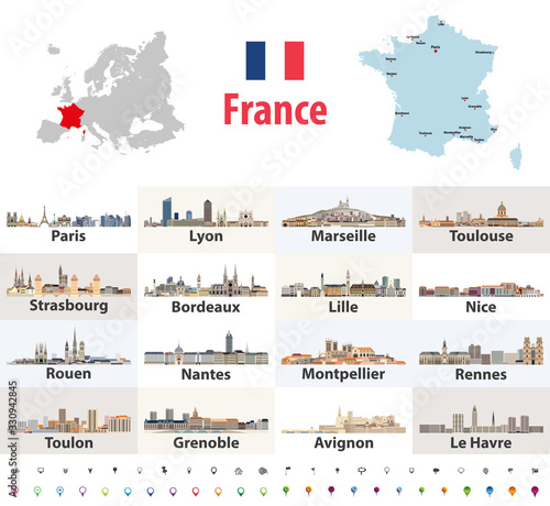 vector map of France with main cities on it. French cities skylines icons. Navigation and location signs set