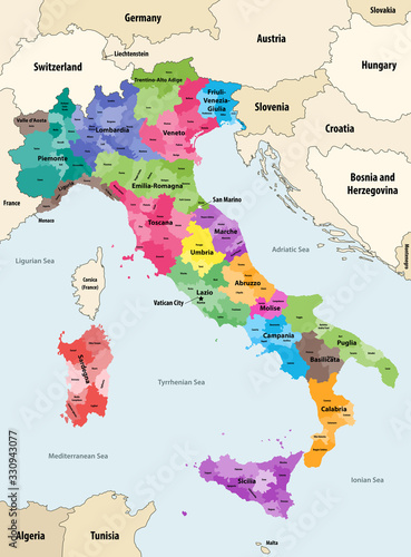 Italy provinces colored by regions vector map with neighbouring countries and territories