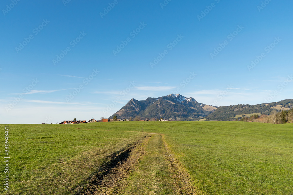 Blick über die saftig grünen Wiesen bis zu den Bergen. Der Himmel ist blau.