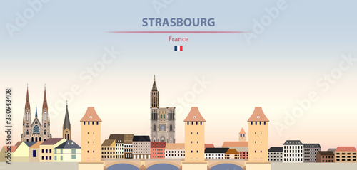 Vector illustration of Strasbourg city skyline on colorful gradient beautiful daytime background photo