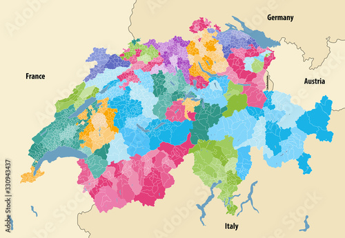 Switzerland vector map showing cantonal, districts and municipal boundaries, colored by cantons and inside each canton by distrcts. Map  with neighbouring countries and territories photo