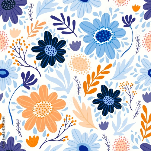 Floral seamless pattern with different flowers and plants  white background