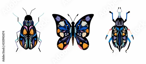 Abstract poster with insects, different bugs and butterfly, floral design