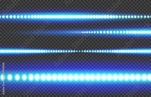 Blue white glowing LED light strip on a transparent background.