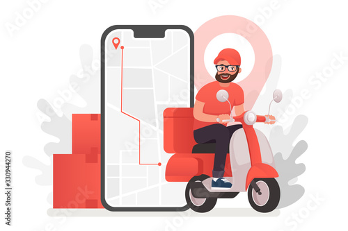 Scooter with delivery man flat vectorcartoon character. Fast courier. Restaurant food service, mail delivery service, a postal employee the determination of geolocation using electronic device