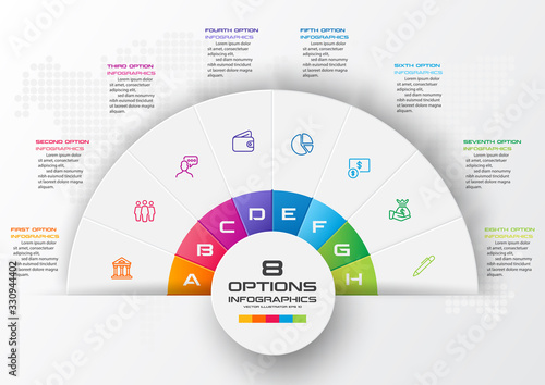 Half business circle infographics 8 steps,Abstract design element,Vector illustration.