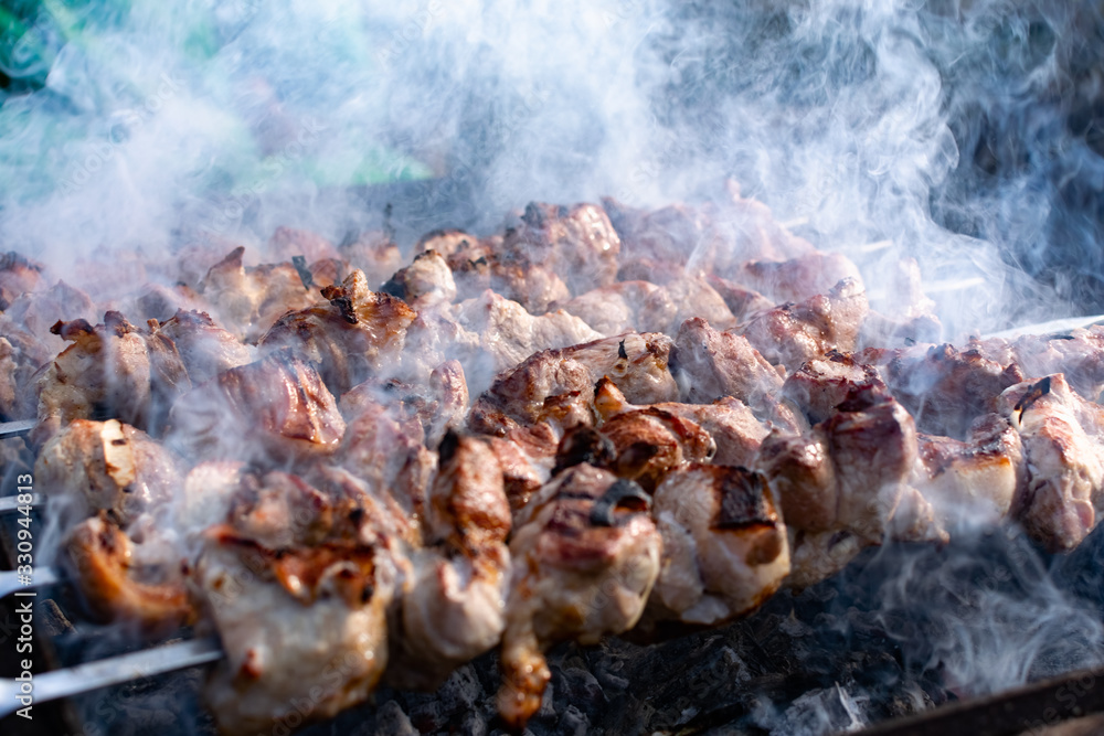 Mouth- watering skewers of pork with a toasted Golden crust and smoke flavor. Barbecue with coals in the yard in nature with cooked meat on skewers Mouth- watering skewers of pork with a toasted Golden crust and smoke flavor. Barbecue with coals in the yard in nature with cooked meat on skewers