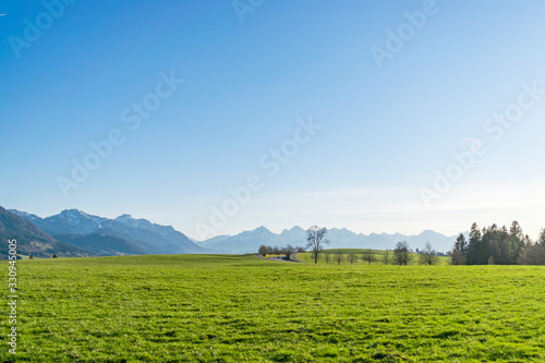Blick auf das Allgäu-Panorama im Schwangau bei Füssen. Die Landschaft ist geprägt von den Alpen und den weitläufigen Almen. An sonnigen Tagen mit blauem Himmel wirkt die Gegend besonders malerisch. photo