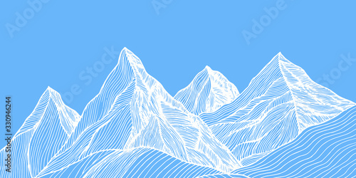 Hand Draw Line Mountains Hill Blue Sky Liner White Background Vector Illustration 