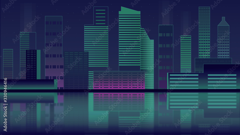 Neon teal and purple city waterfront and its reflection at night. Earth hour concept