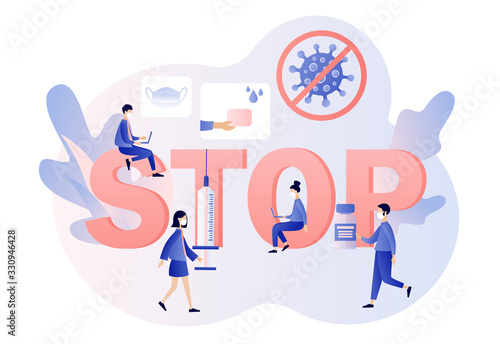 Coronavirus concept. COVID-19 prevention. Stop novel coronavirus (2019-nCoV). Tiny people in white medical face mask. Modern flat cartoon style. Vector illustration on white background