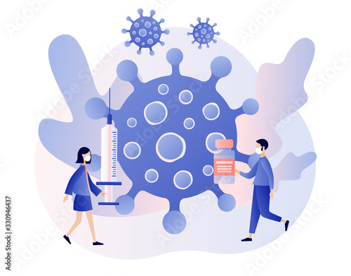 Coronavirus concept. Stop novel coronavirus (2019-nCoV). COVID-19 prevention. Tiny people in white medical face mask. Modern flat cartoon style. Vector illustration on white background