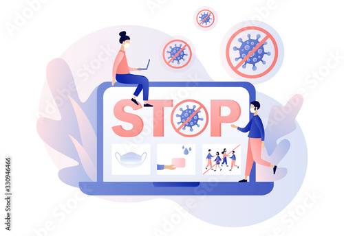 Coronavirus concept. Stop coronavirus (2019-nCoV). COVID-19 prevention. Tiny people in white medical face mask. Modern flat cartoon style. Vector illustration on white background