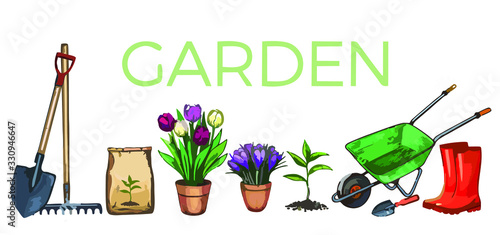 garden tools on a white background