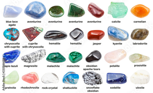 set of various polished stones with names isolated